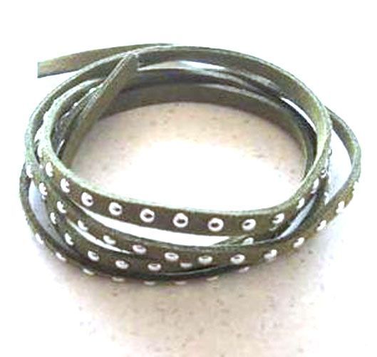 Faux Suède Cord With Studs - Olive Green - 5mm - 1M