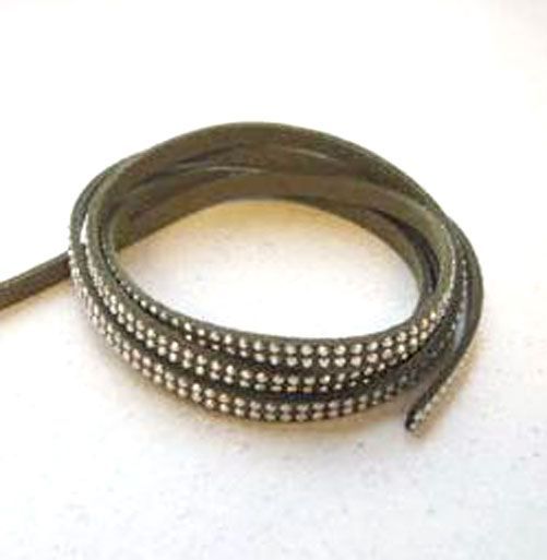 Faux Suède Cord With double row Studs - Olive Green - 5mm - 1M