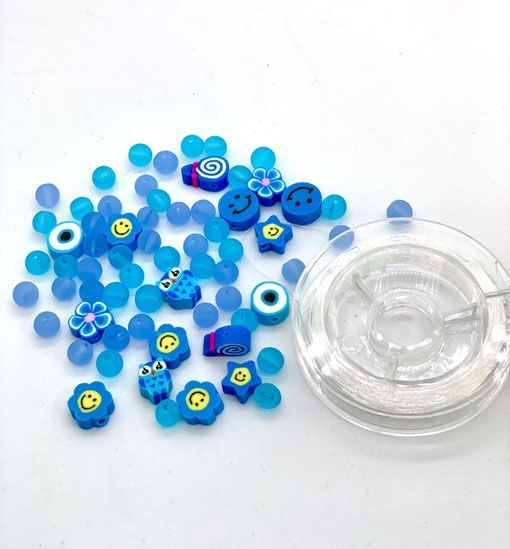 Katsuki Smileys & Beads, Blue, 64pcs & Elastic Thread 10M