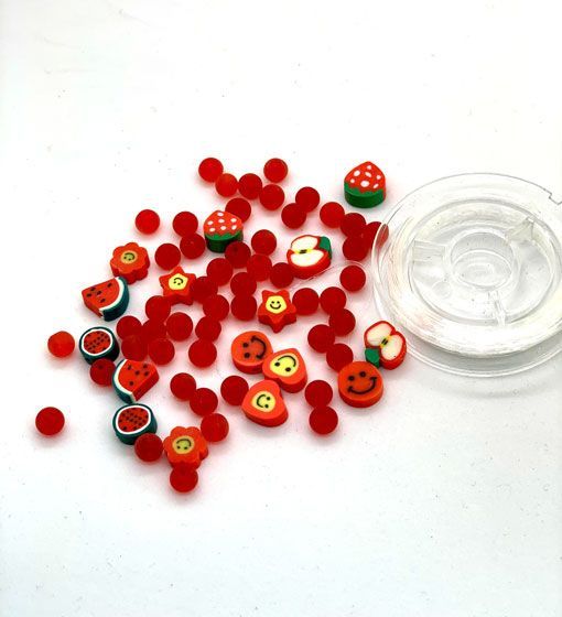 Katsuki Smileys & Beads, Red, 64pcs & Elastic Thread 10M