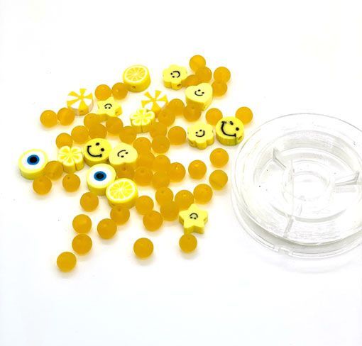 Katsuki Smileys & Beads, Yellow, 64pcs & Elastic Thread 10M
