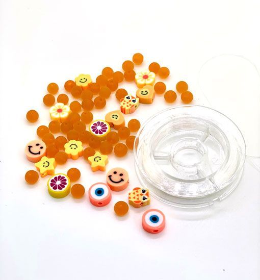 Katsuki Smileys & Beads, Orange, 64pcs & Elastic Thread 10M