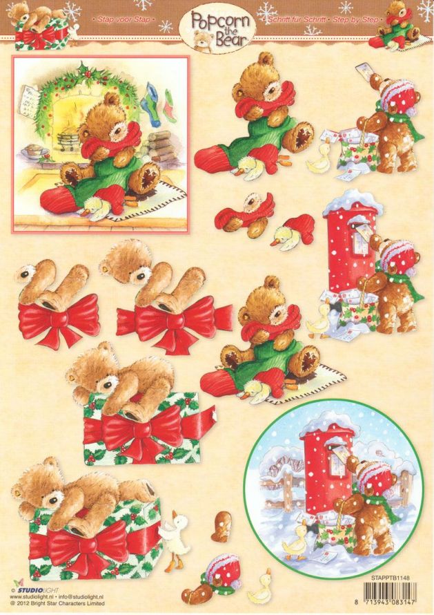 Popcorn the Bear - 3DA4 Step by Step Decoupage Sheet