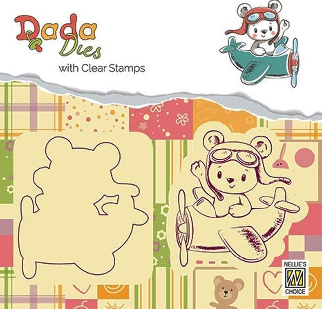 Clear Stempel und Die-cut Stencil - DADA - Bear in Airoplane